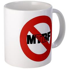 White ceramic mug with NoMTBF logo
